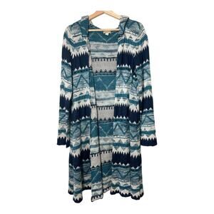 One World Open Tunic Cardigan Sweater Aztec Southwestern Size XL Hood Green Blue
